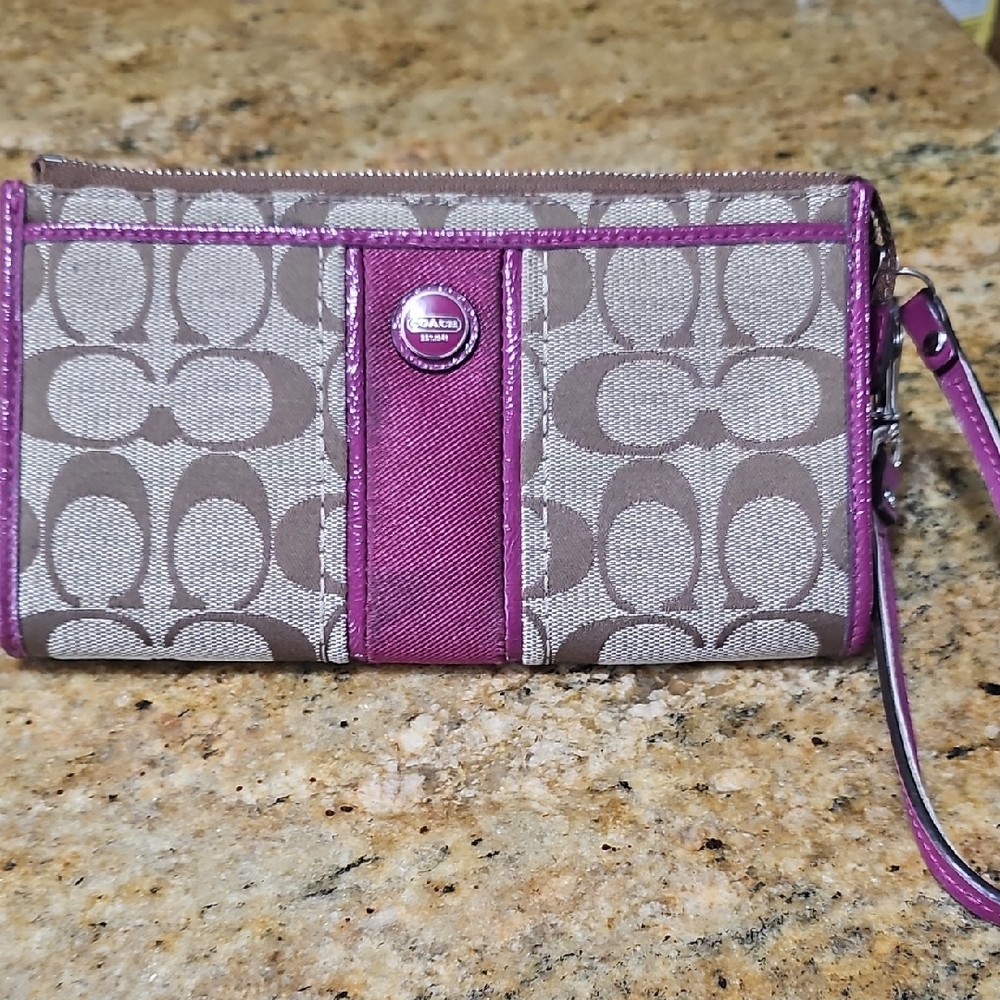 Coach Signature Wristlet in Pink and Brown